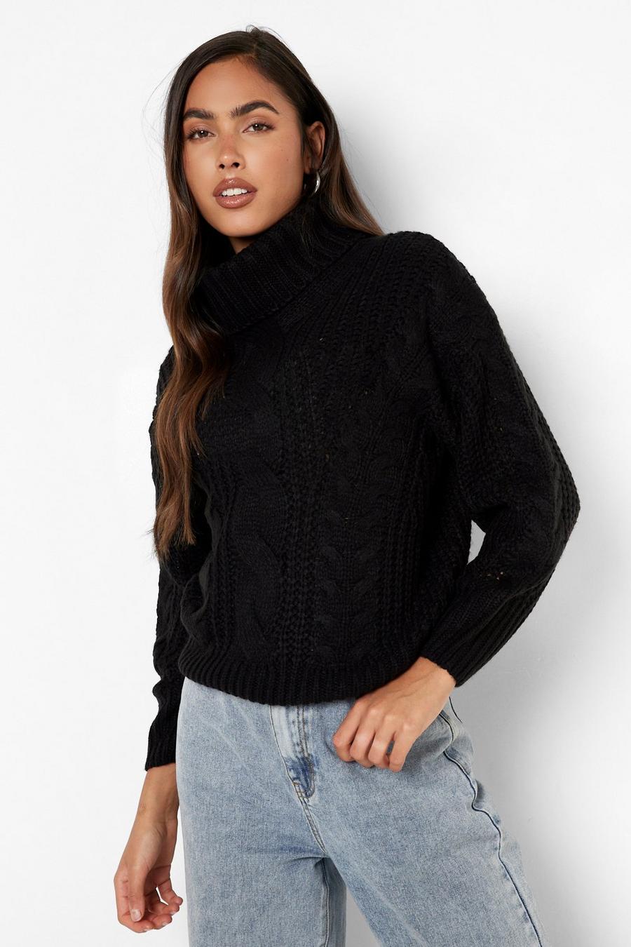 Black Roll Neck Cable Knitted Jumper image number 1