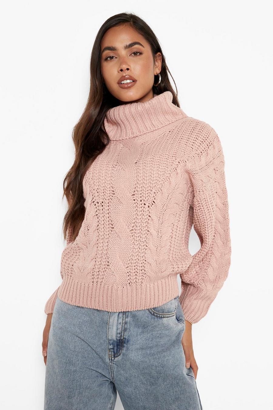 Maglione in maglia intrecciata con collo alto morbido, Pink rosa