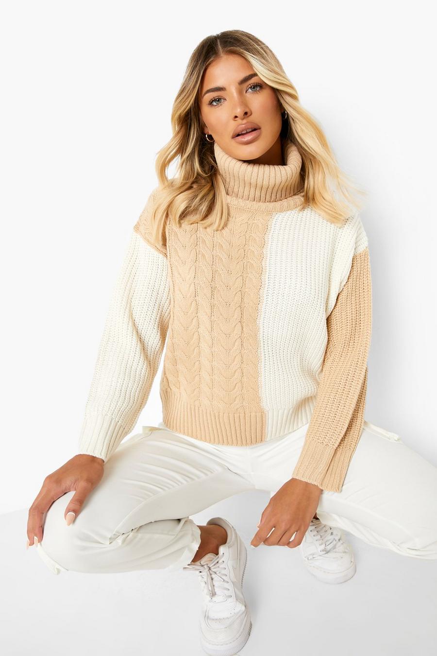 Cream Mixed Stitch Cable Knit Sweater image number 1