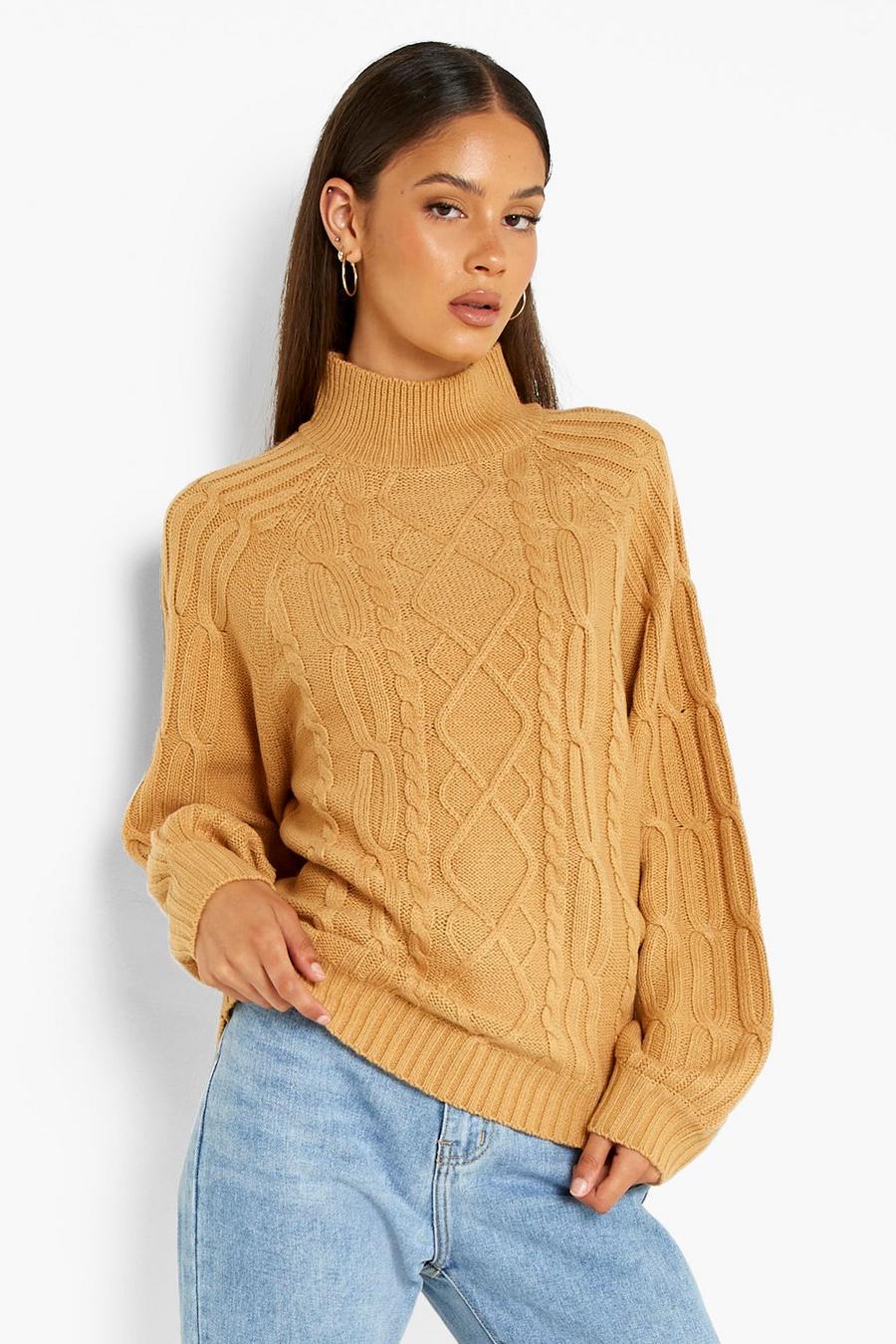 Camel Turtle Neck Cable Knit Sweater image number 1