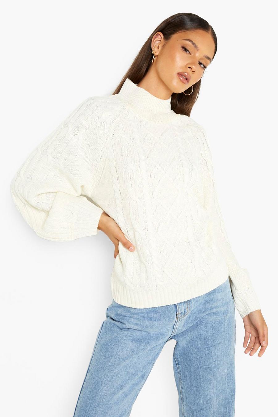Ivory white Turtle Neck Cable Knit Jumper image number 1