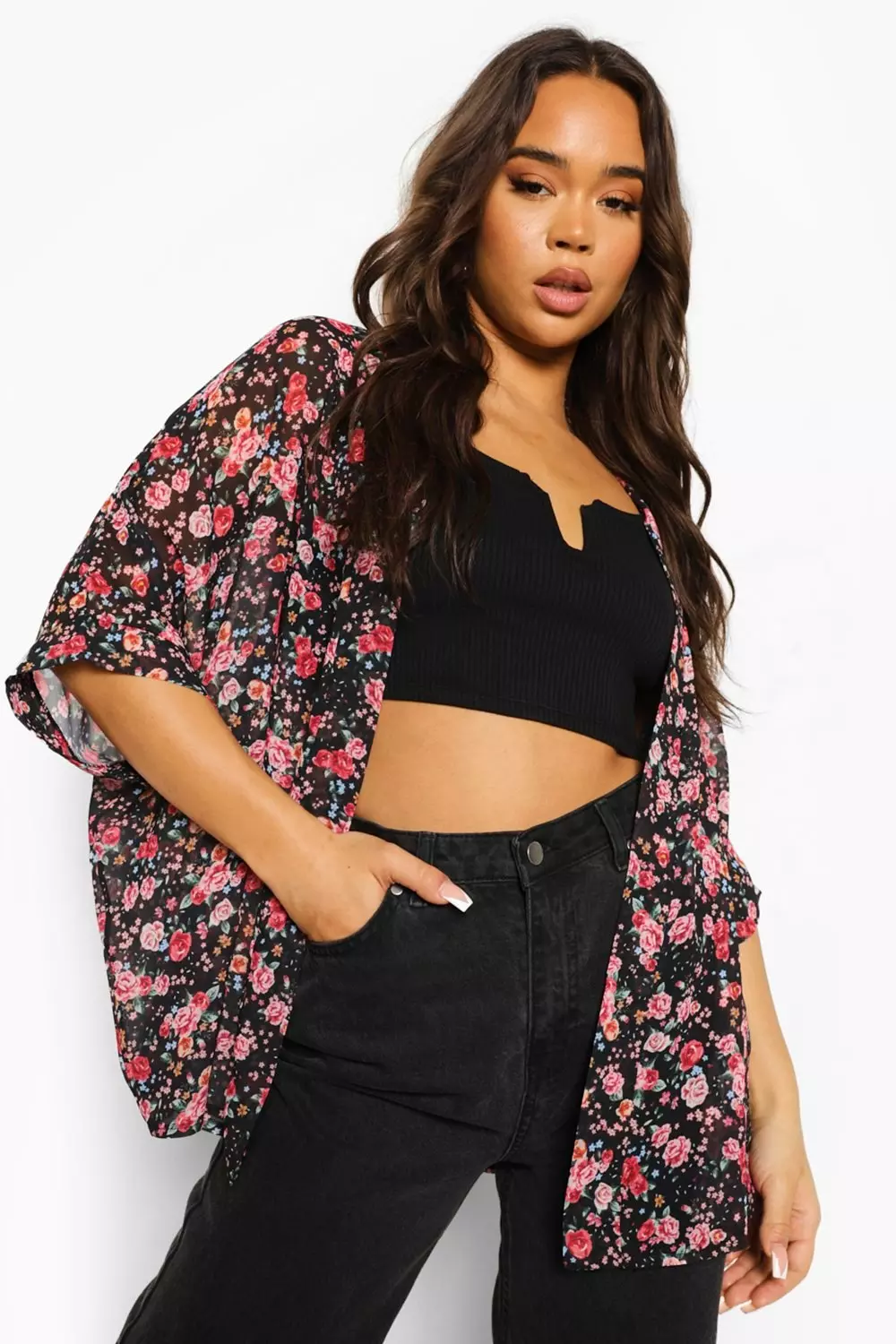 Black floral kimono jacket sale