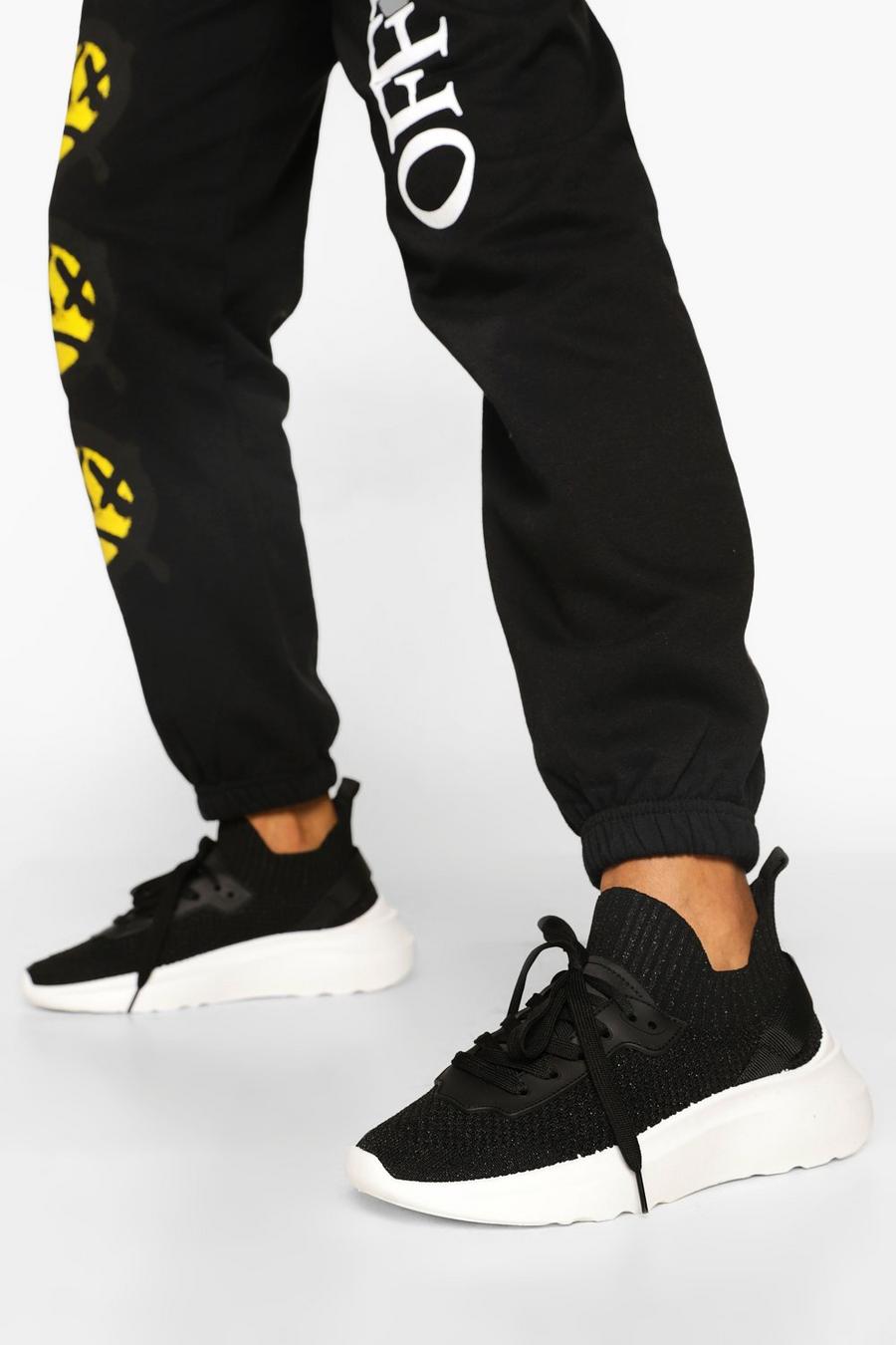 Black Sneakers med stickade paneler och snörning image number 1