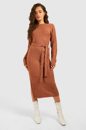 Rib Knit Belted Midi Dress brown