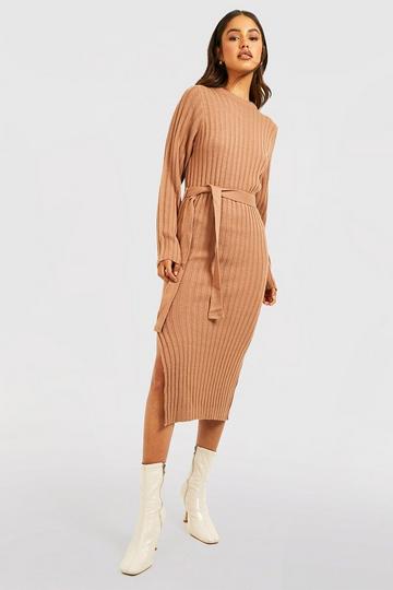 Rib Knit Belted Midi Dress camel