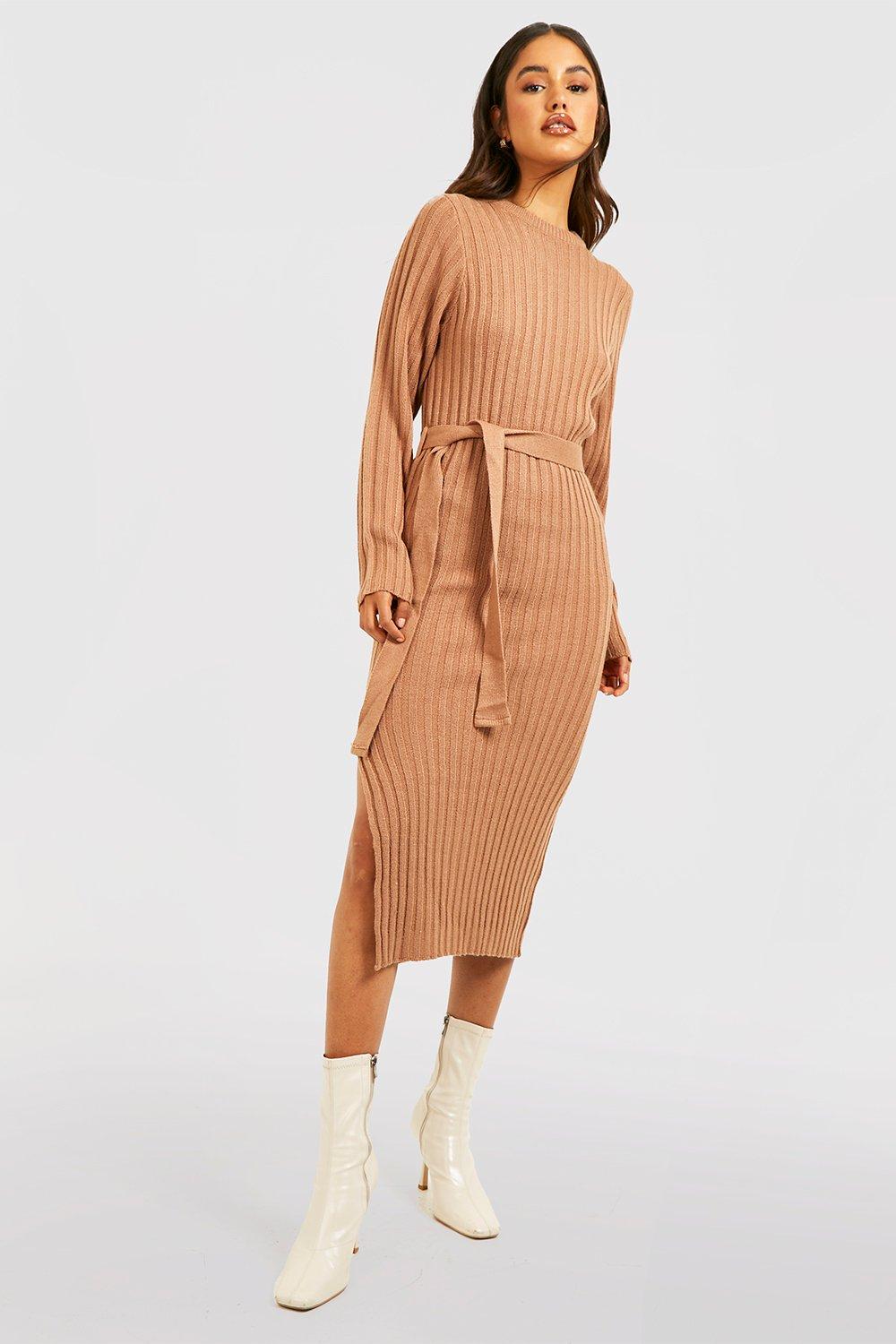 Rib Knit Belted Midi Dress | Boohoo UK