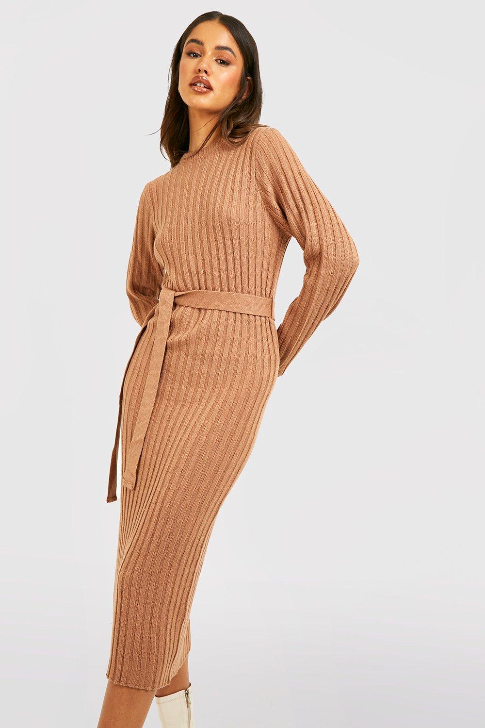 Camel ribbed clearance midi dress