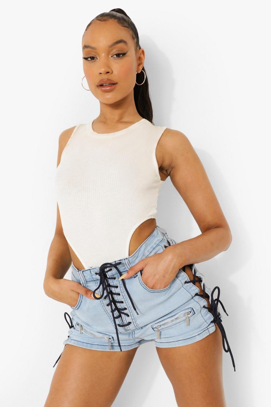 Light wash Lace Up Zip Detail Jean Shorts image number 1