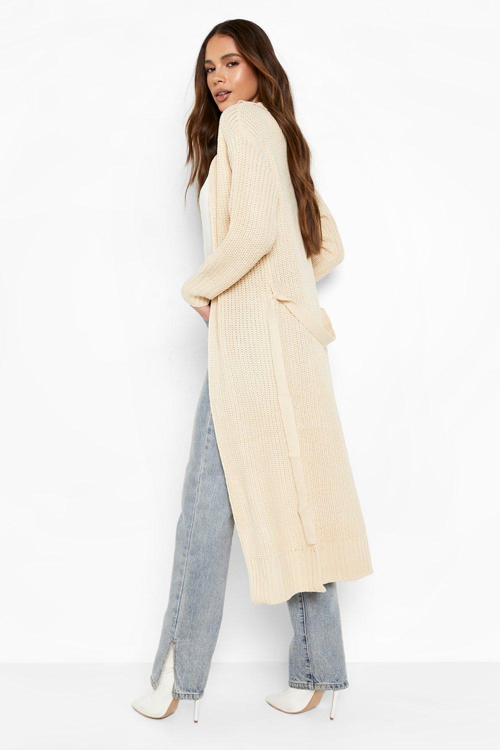 Belted long chunky knit cardigan