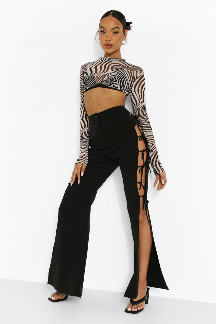 Black Woven Lace Up Detail Flare Pants image number 1