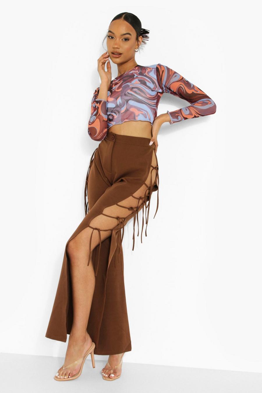 Chocolate brown Woven Lace Up Detail Flare Pants