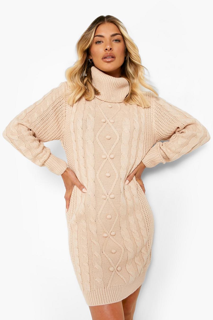 Biscuit Cable Knit Roll Neck Jumper Dress