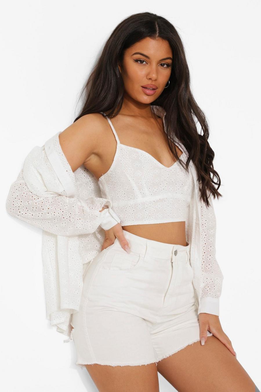 White Broderie Shirt And Bralet Set image number 1