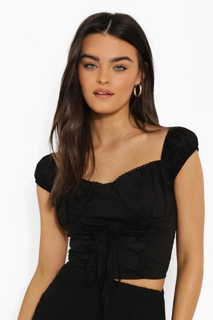 Black Woven Lace Up Milkmaid Crop Top image number 1