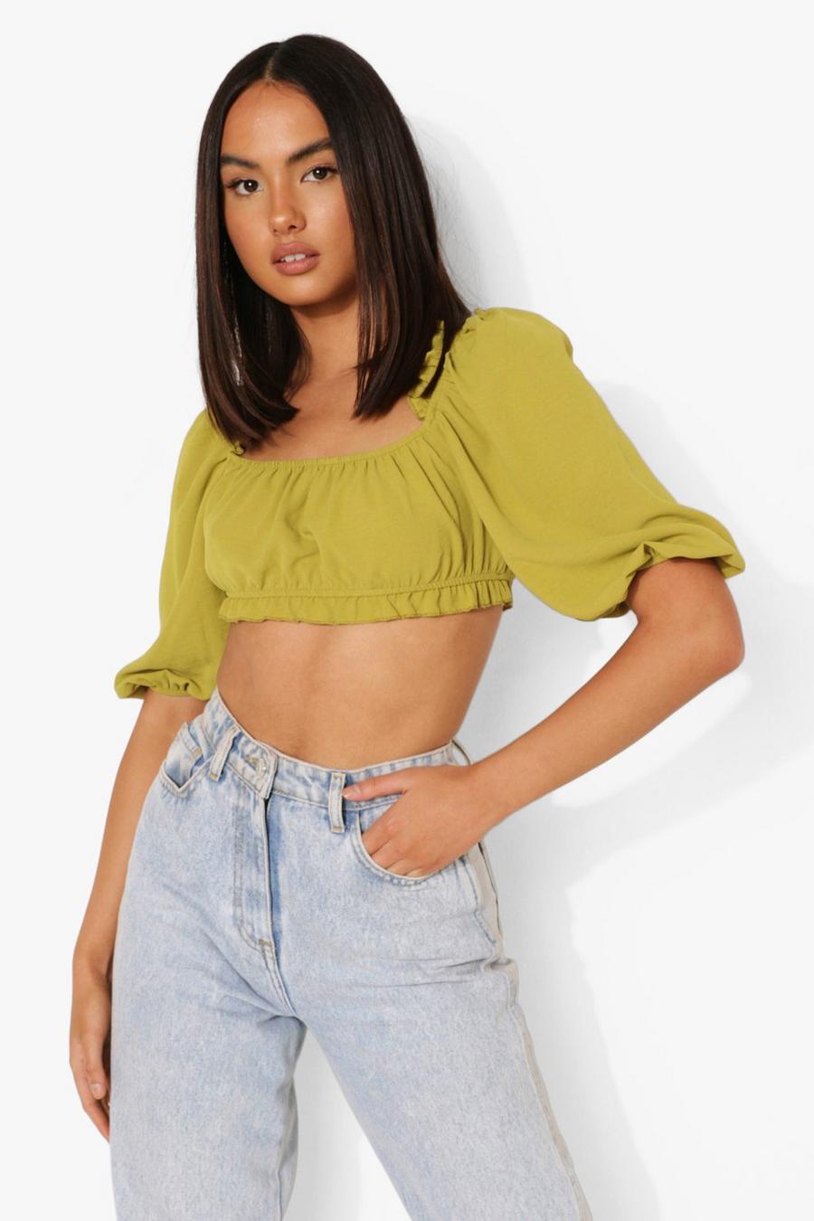 Lime Linen Puff Sleeve Gathered Crop Top image number 1