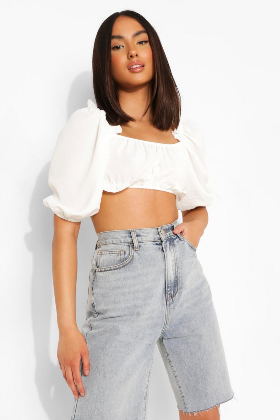 White Linen Puff Sleeve Gathered Crop Top image number 1