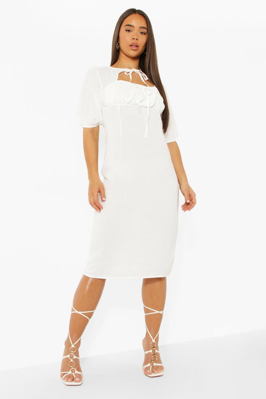 White Linen Ruched Bust Tie Neck Midi Dress image number 1