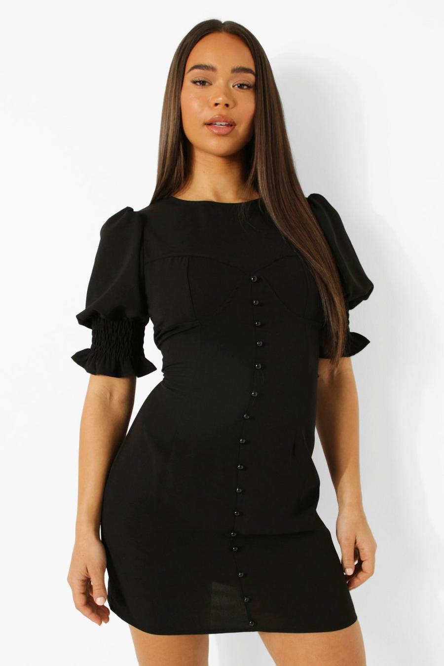 Black Linen Puff Sleeve Mini Dress image number 1