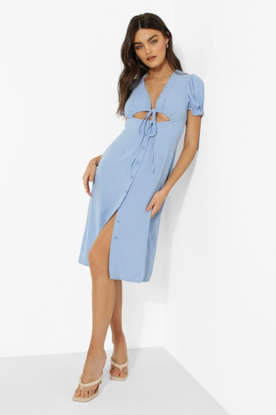 Light blue Linen V Neck Cut Out Mini Dress image number 1