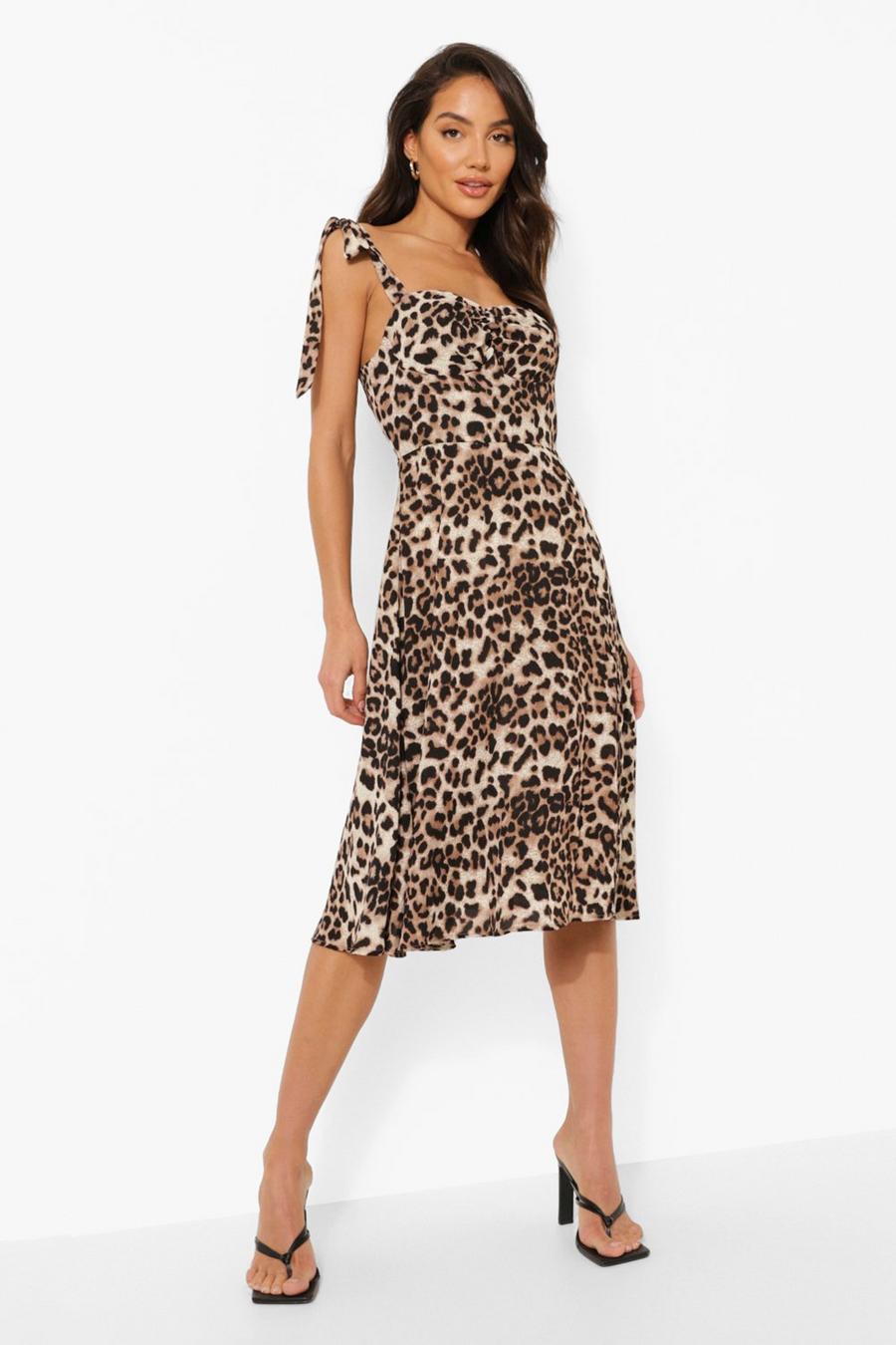 Brown Leopard Print Corset Detail Midi Dress image number 1