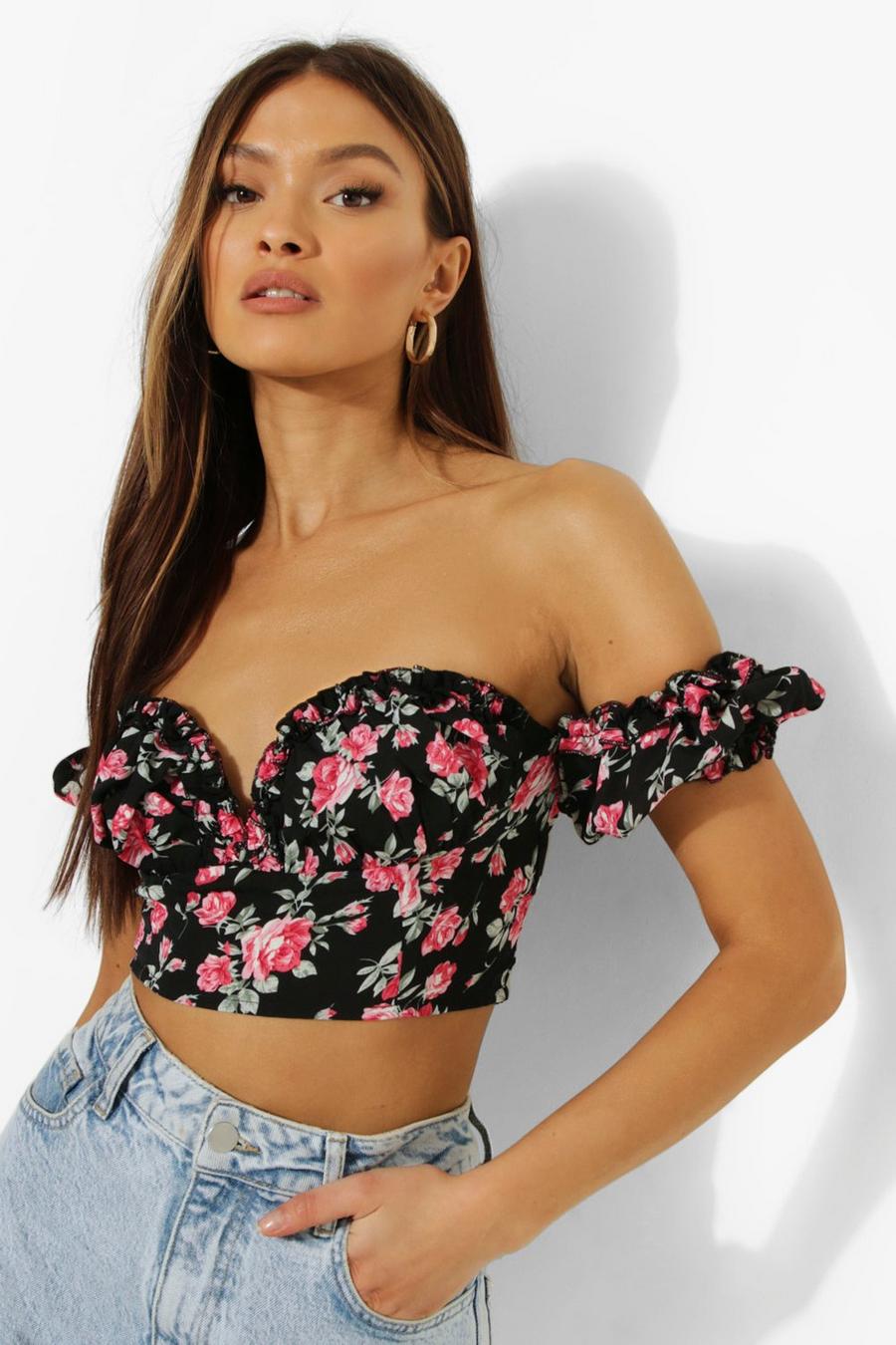 Black Ditsy Floral Ruffle Corset Top image number 1