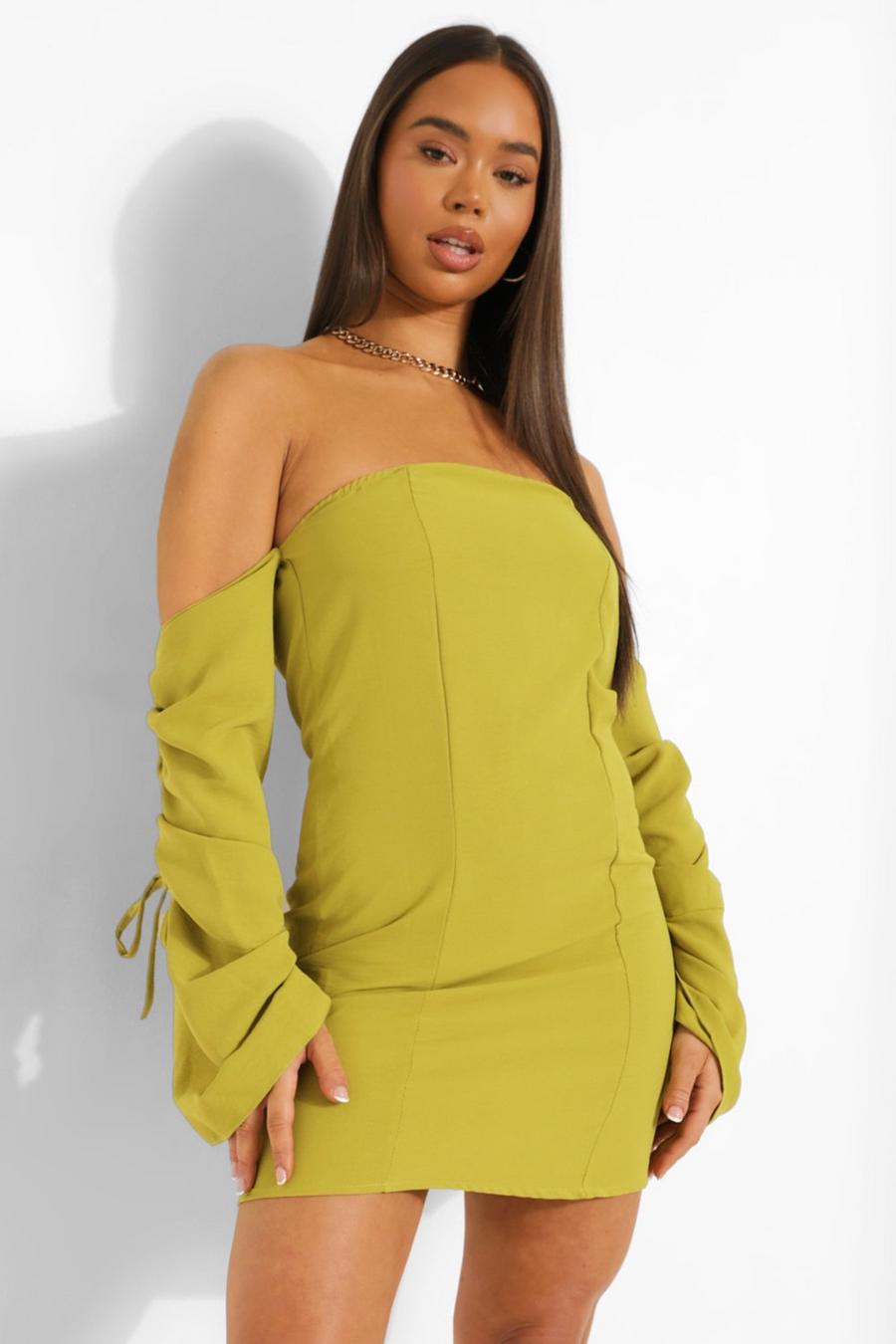 Lime grön Linen Bardot Ruched Sleeve Mini Dress image number 1