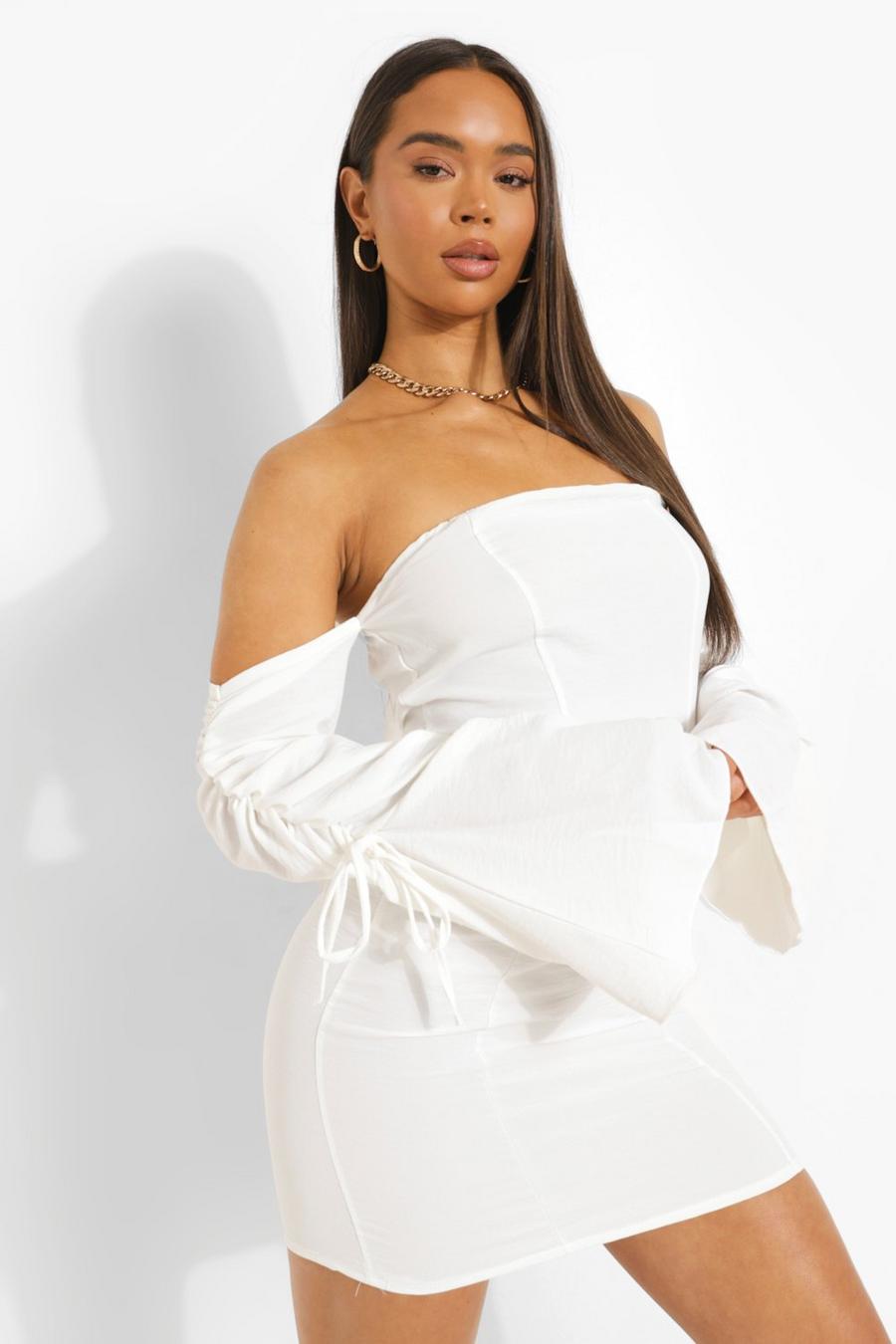 White Linen Off The Shoulder Rouched Sleeve Mini Dress image number 1