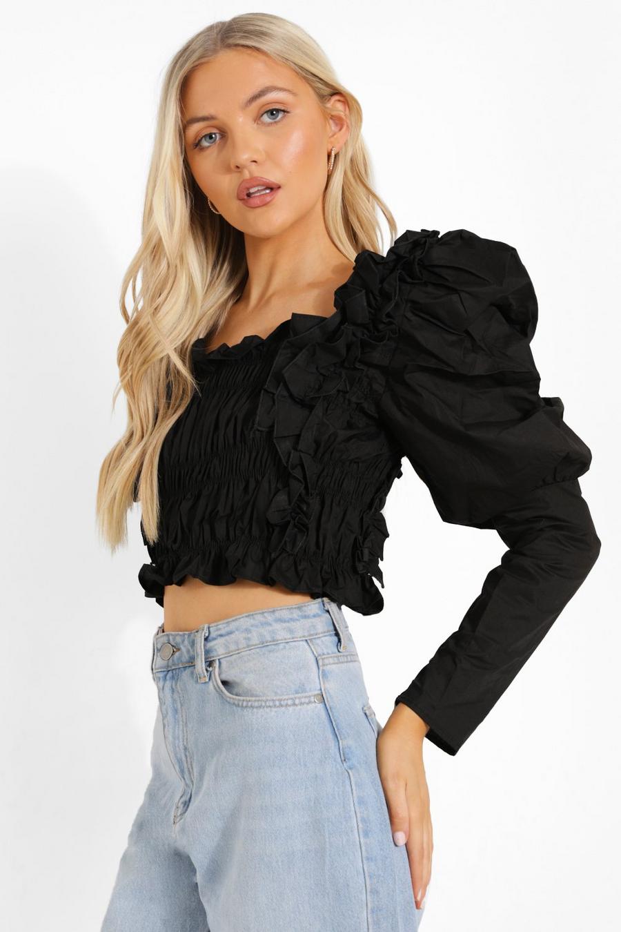 Black Shirred Bodice Puff Sleeve Top image number 1