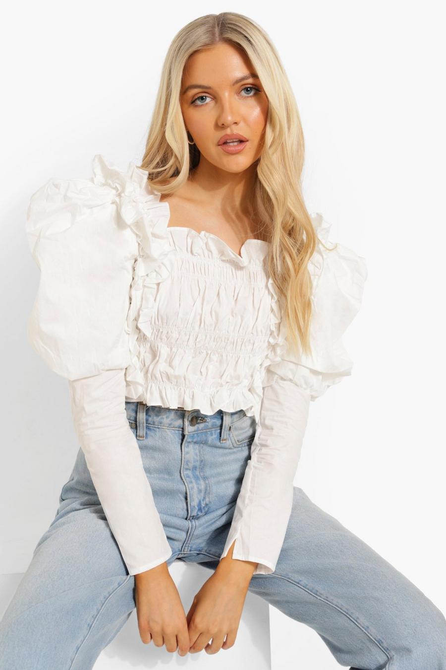 White Shirred Bodice Puff Sleeve Top image number 1