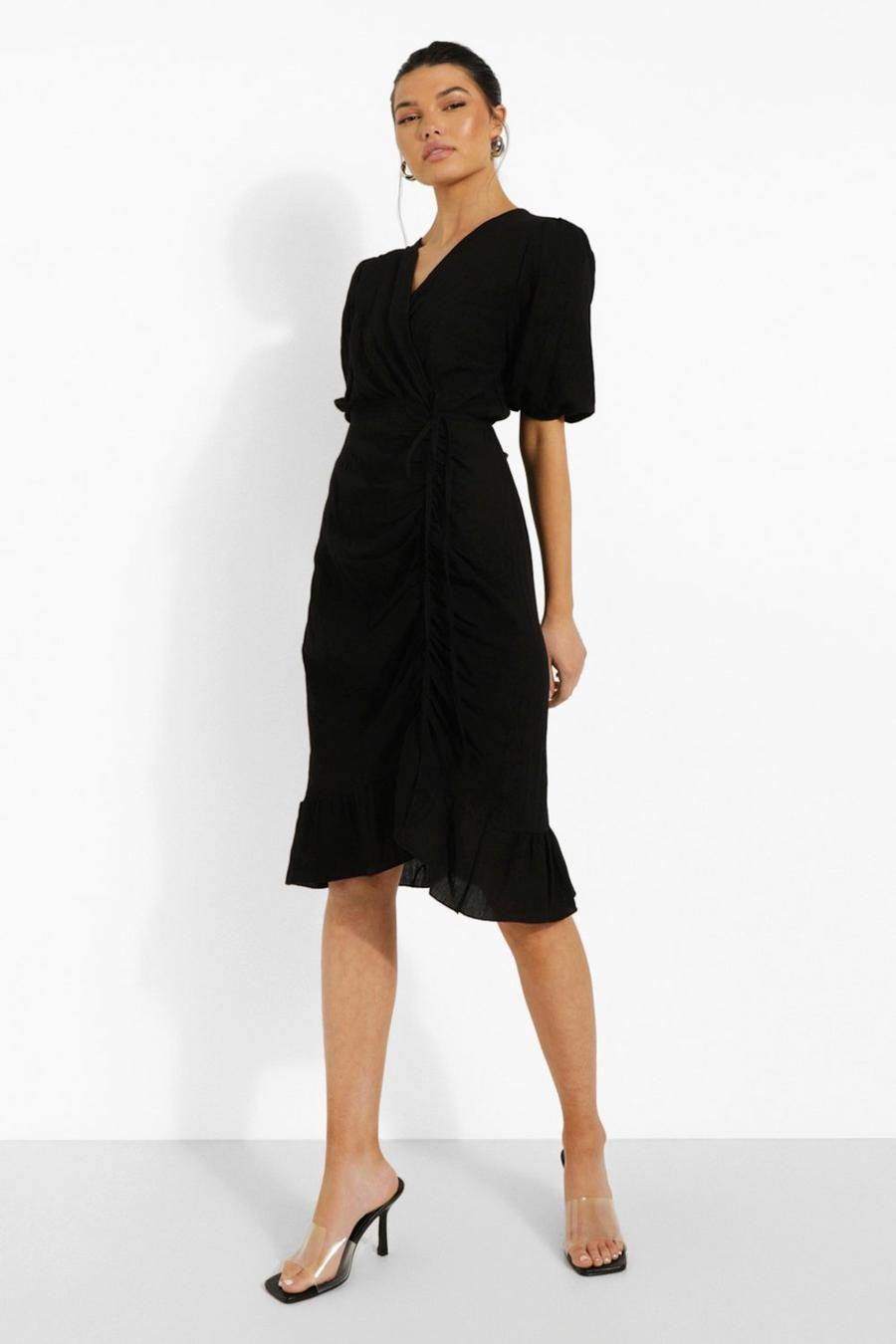 Black Linen Look Ruched Wrap Midi Dress image number 1