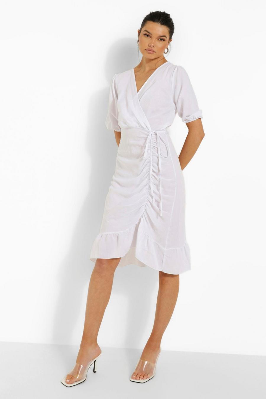 White Linen Look Ruched Wrap Midi Dress image number 1