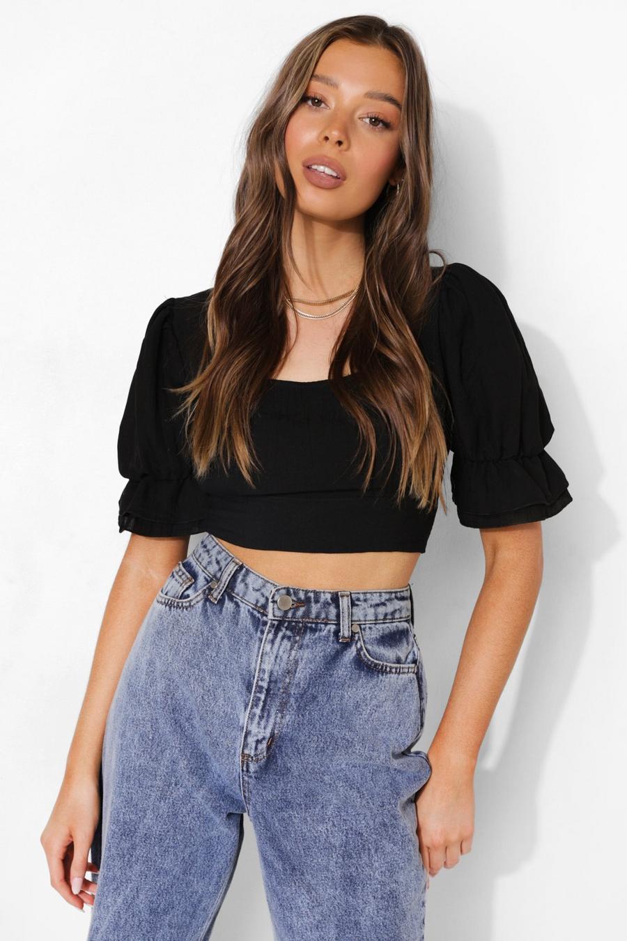 Black Square Neck Puff Sleeve Linen Crop Top image number 1