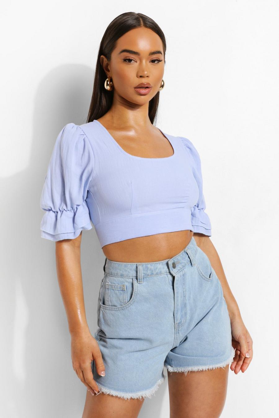 Light blue Square Neck Puff Sleeve Linen Crop Top image number 1