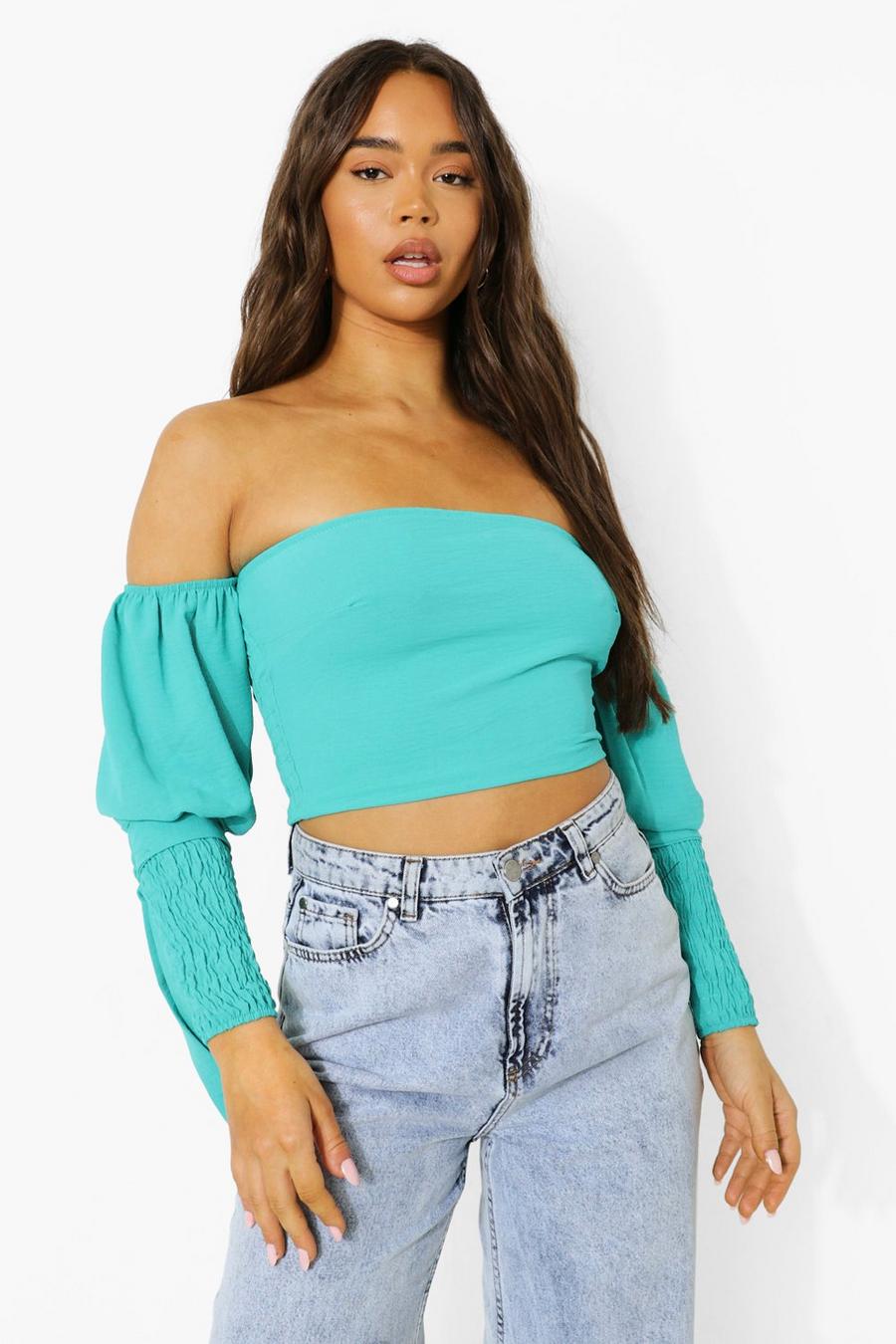 Turquoise Off The Shoulder Linen Top image number 1