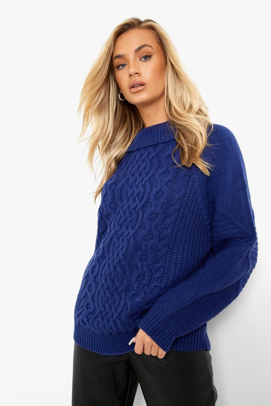 Navy Chunky Cable Knitted Jumper image number 1