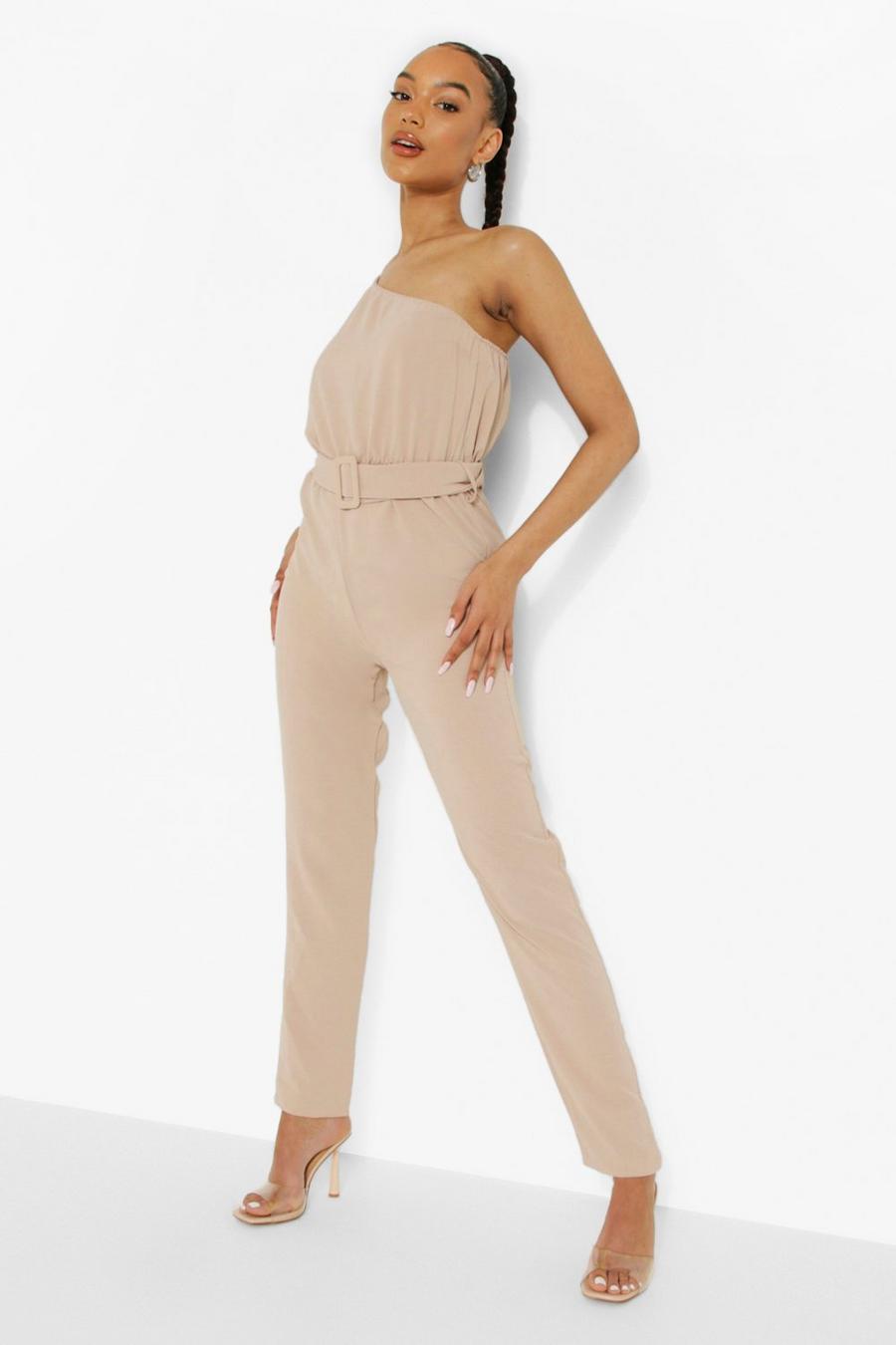 Stone beige Linen Belted One Sleeve Jumpsuit image number 1
