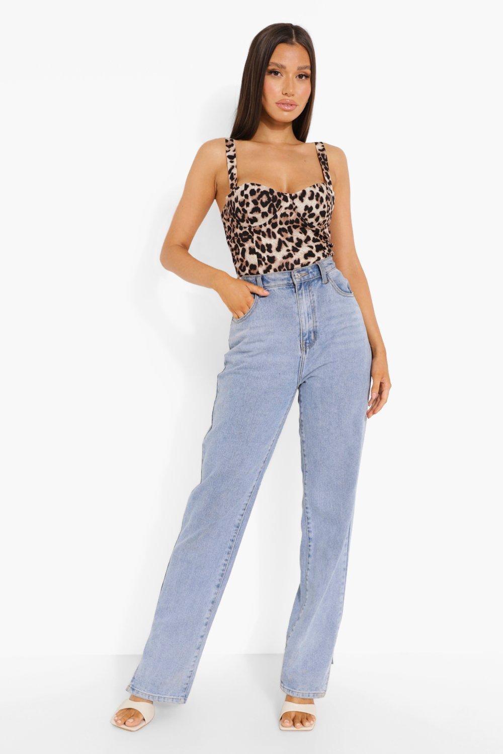 Boohoo Petite Zip Through Leopard Print Bodysuit in Brown