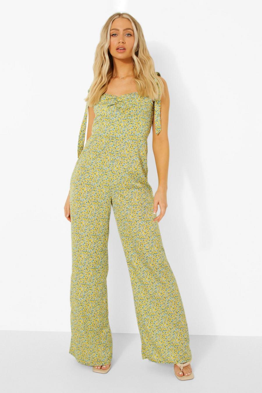 Yellow Ditsy Floral Corset Detail Wide Leg Jumpsuit image number 1