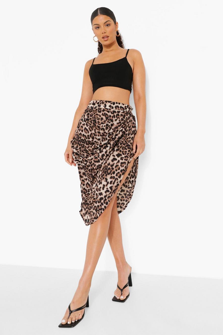 Brown Leopard Print Wrap Midi Skirt image number 1