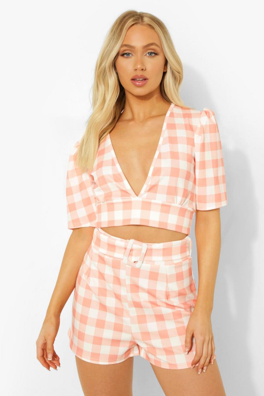 Peach Gingham Check Puff Sleeve Crop Top & Shorts Set image number 1