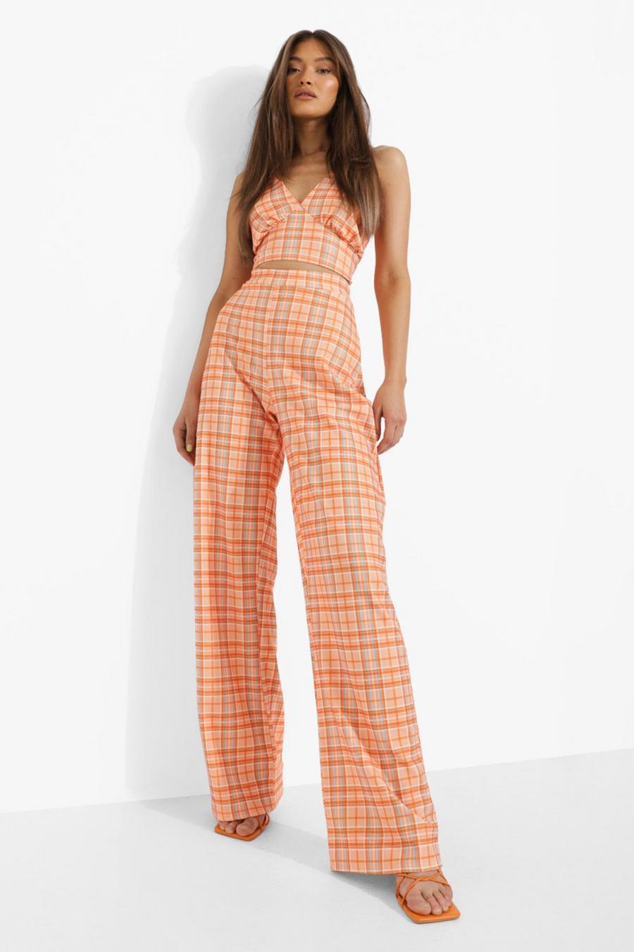 Orange Checked Collared Crop And Wide Leg Pants image number 1