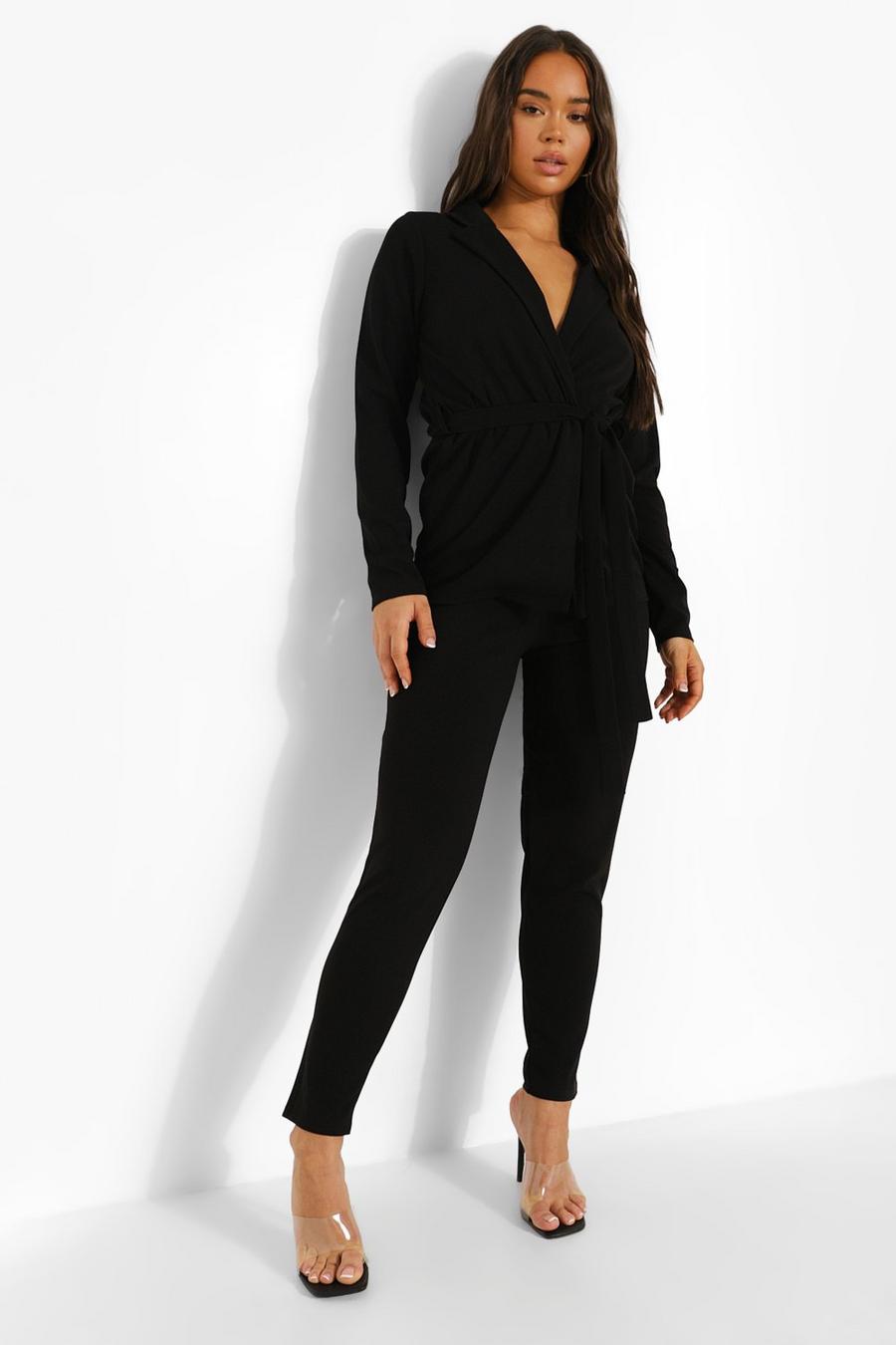 Black Plunge Tie Waist Blazer And Skinny Trousers image number 1