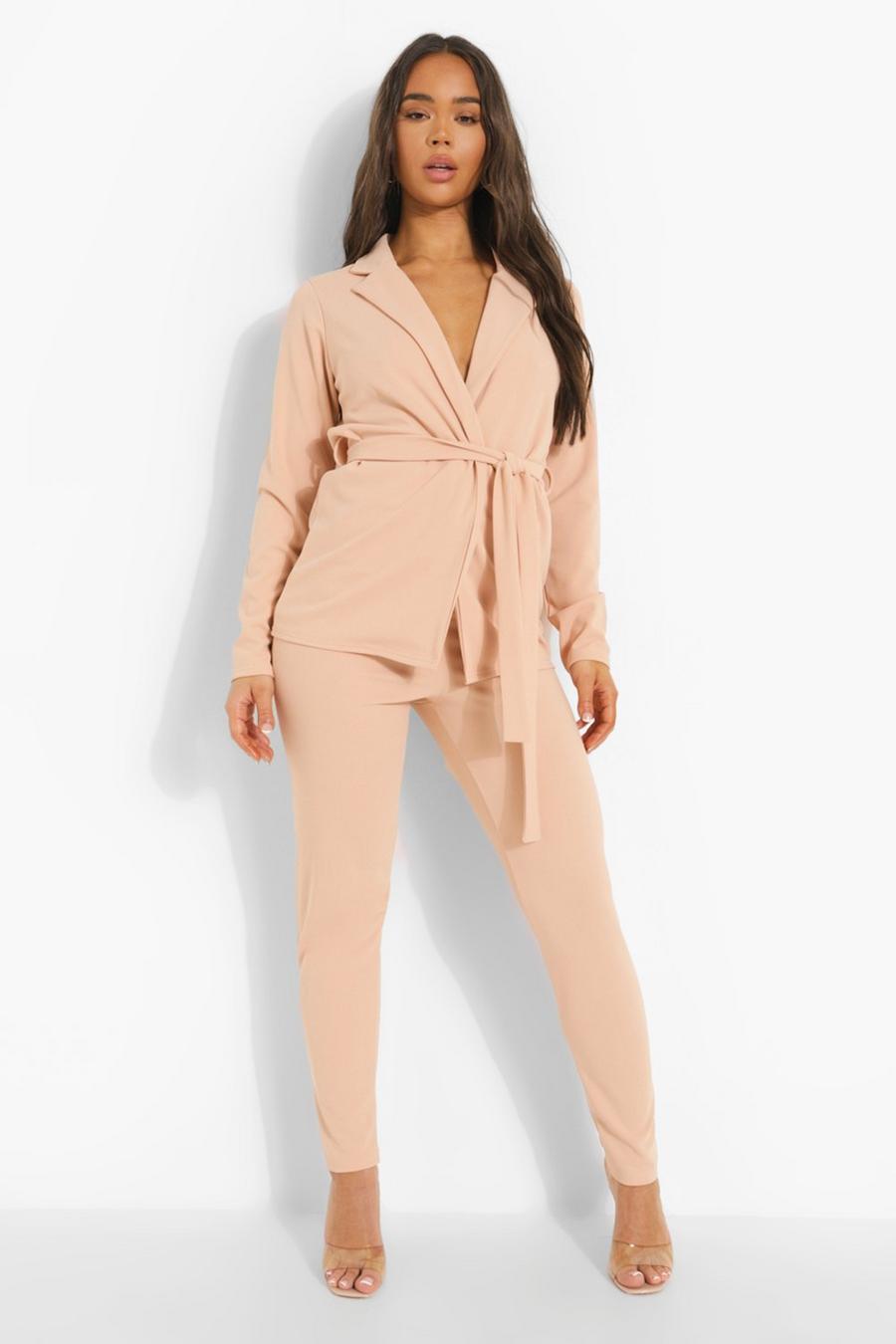 Peach Plunge Tie Waist Blazer And Skinny Trousers image number 1