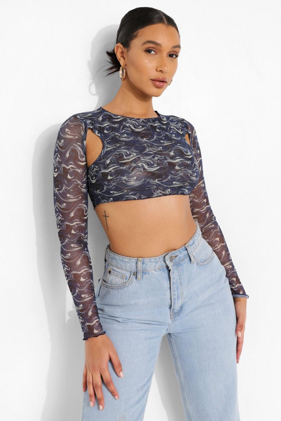 Blue Marble Printed Mesh Cut Out Crop Top