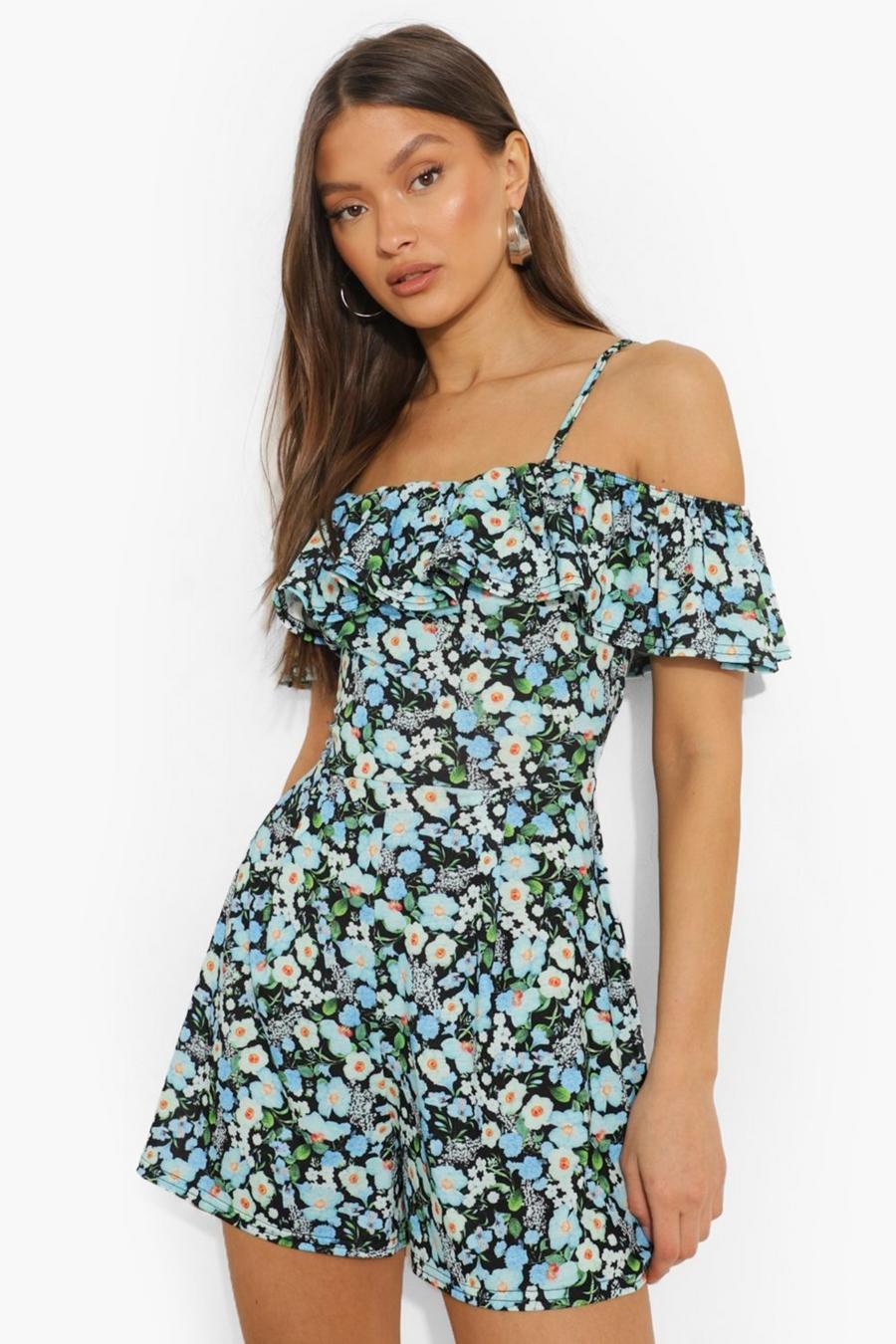 Blue Floral Off The Shoulder Frill Flippy Playsuit image number 1