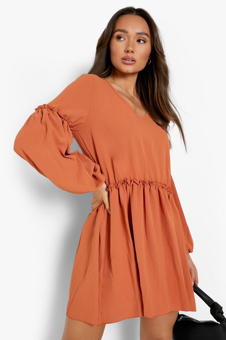 Coral Linen Look Balloon Sleeve Oversized Ruffle Detail Smock Dress image number 1