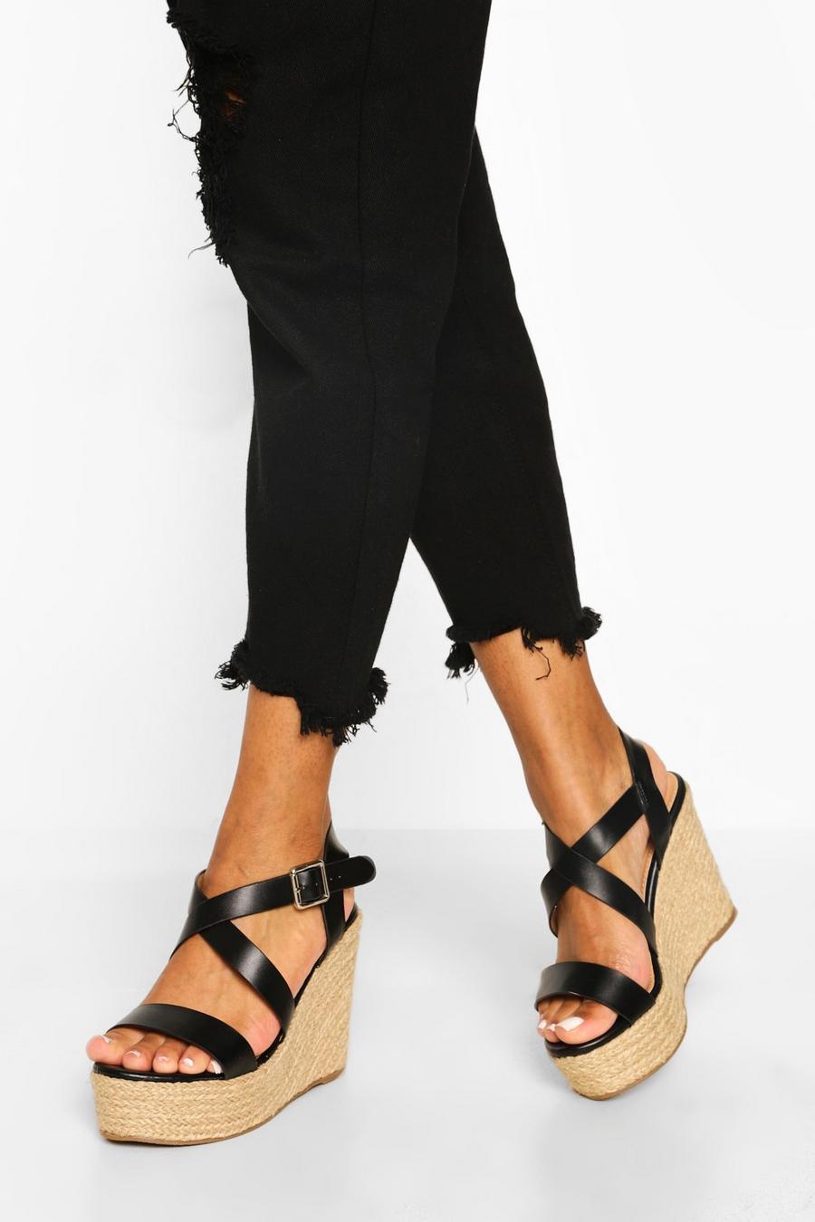 Black Wide Fit Crossover Buckle Wedge