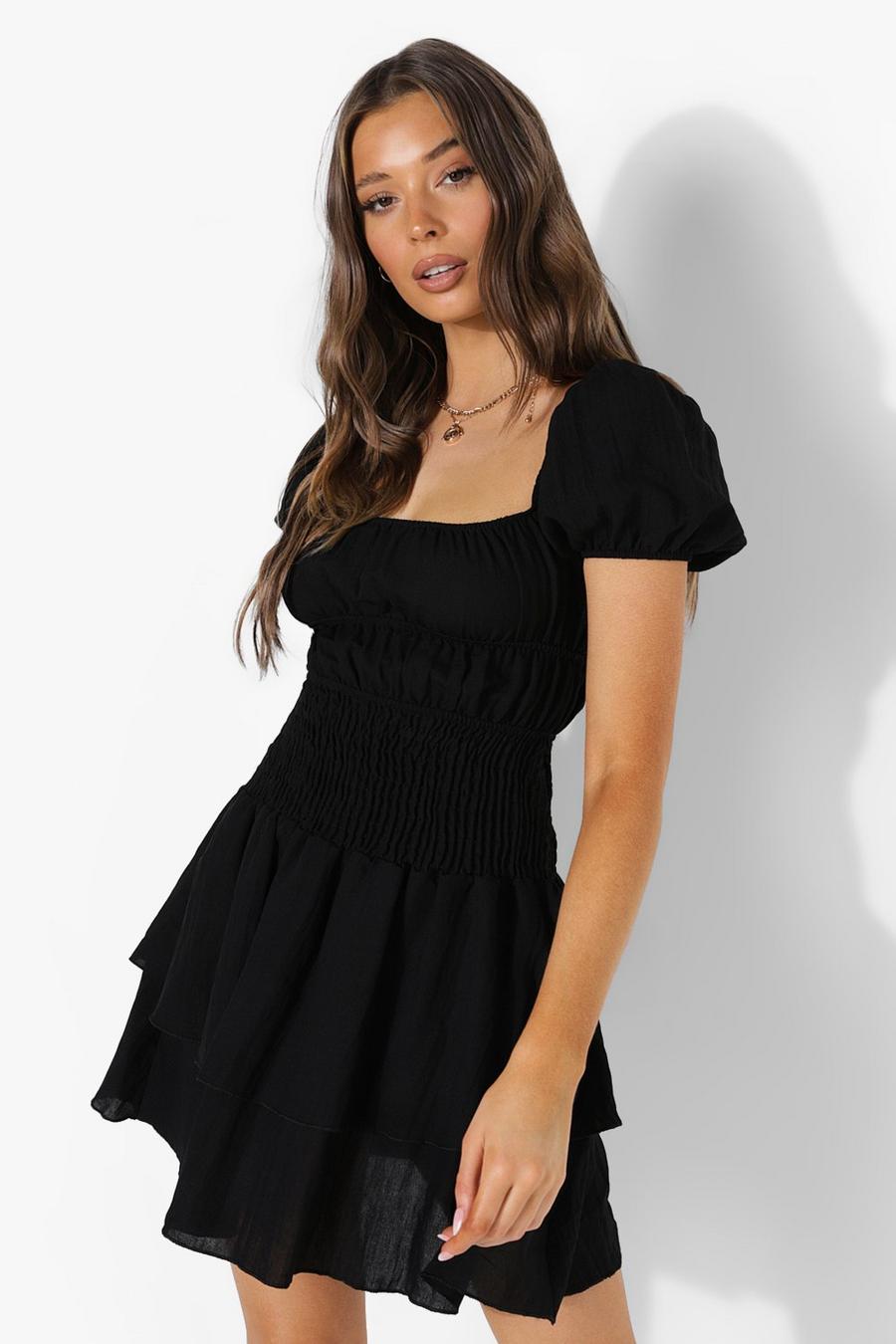 Black Shirred Puff Sleeve Linen Skater Dress image number 1