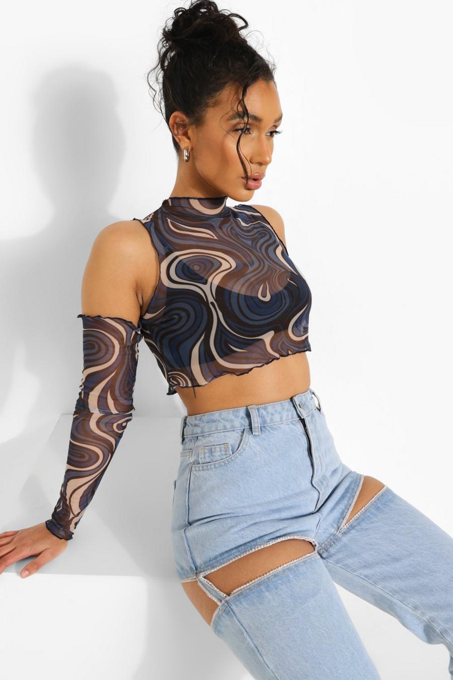 Blue Marble Printed Mesh Cut Out Crop Top image number 1