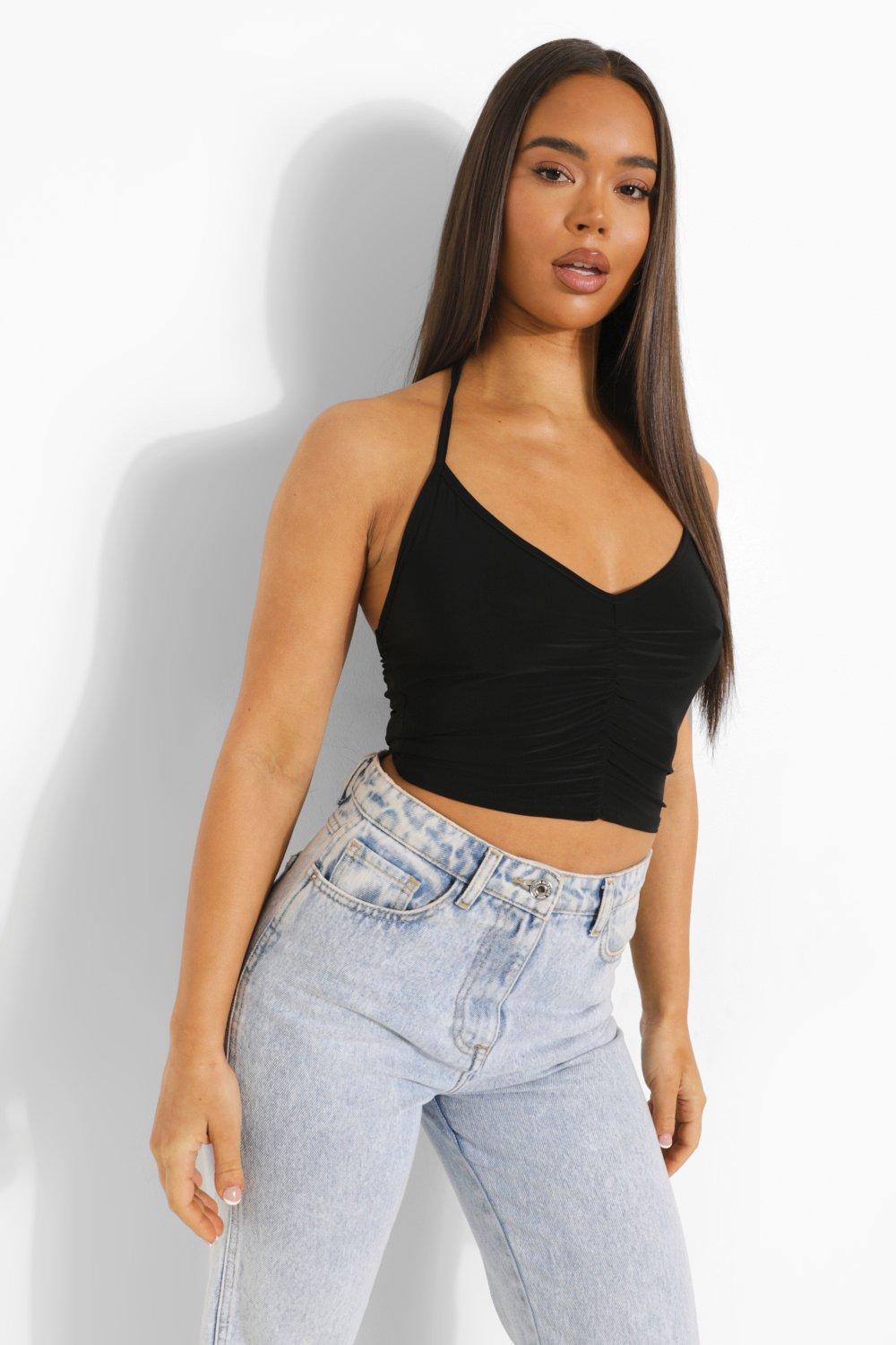 Black Ruched V Neck Crop Top